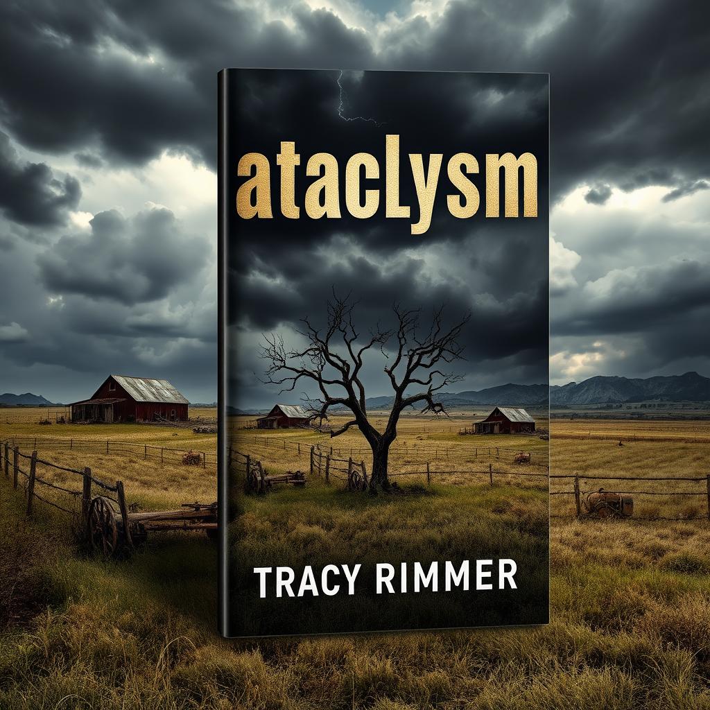 A dramatic book cover for "Cataclysm" by Tracy Rimmer, featuring a post-apocalyptic farm scene