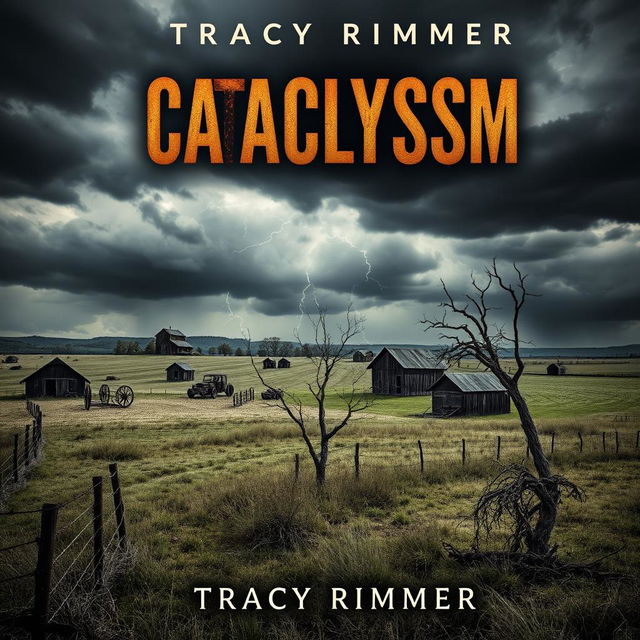 A dramatic book cover for "Cataclysm" by Tracy Rimmer, featuring a post-apocalyptic farm scene