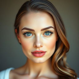 A beautifully composed portrait showcasing a stunning, symmetrical face with radiant skin, bright, expressive eyes, full lips, and a flawless complexion