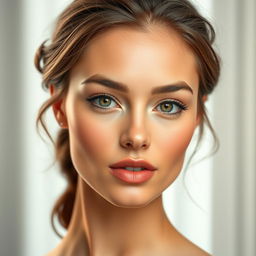 A beautifully composed portrait showcasing a stunning, symmetrical face with radiant skin, bright, expressive eyes, full lips, and a flawless complexion
