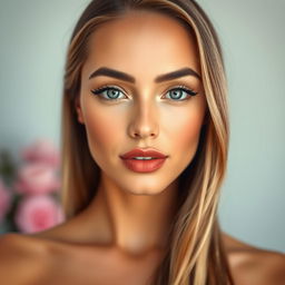 A beautifully composed portrait showcasing a stunning, symmetrical face with radiant skin, bright, expressive eyes, full lips, and a flawless complexion