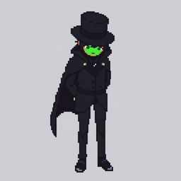 A pixel art character in a sophisticated black outfit with a cloak and a top hat, standing with their hands behind their back and looking down