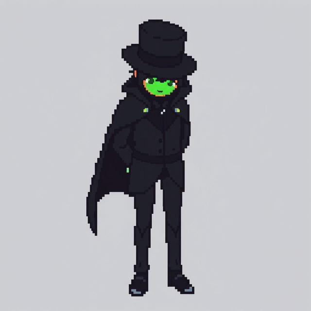 A pixel art character in a sophisticated black outfit with a cloak and a top hat, standing with their hands behind their back and looking down