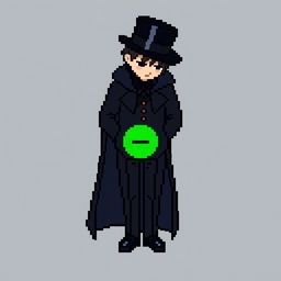 A pixel art character in a sophisticated black outfit with a cloak and a top hat, standing with their hands behind their back and looking down