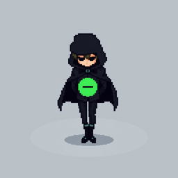 A pixel art character in a sophisticated black outfit with a cloak and a top hat, standing with their hands behind their back and looking down