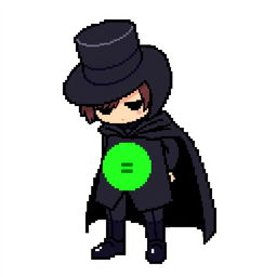 A pixel art character in a sophisticated black outfit with a cloak and a top hat, standing with their hands behind their back and looking down