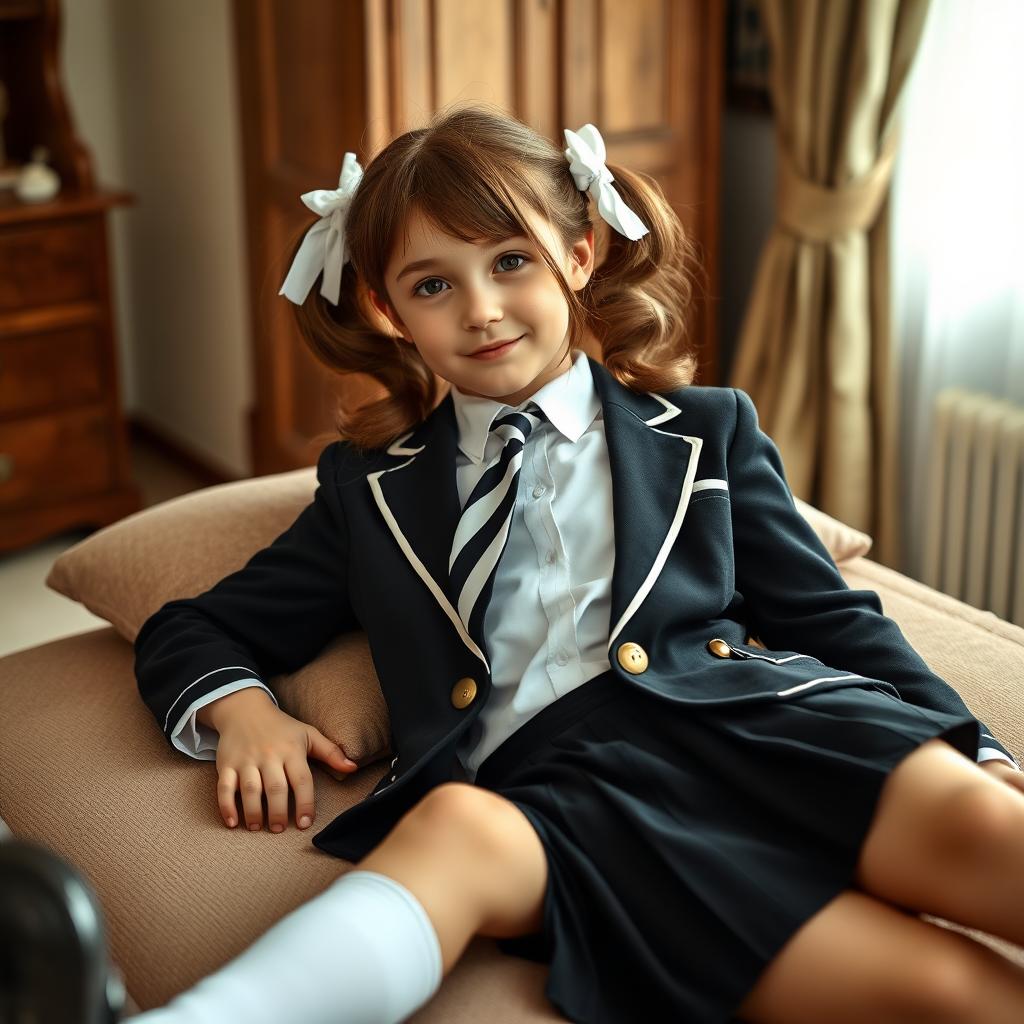 A portrait of a European girl in a tastefully furnished bedroom