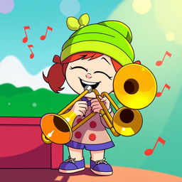 An imaginative and playful cartoon scene featuring Wendy Testaburger from the animated series 'South Park', joyfully playing a trombone