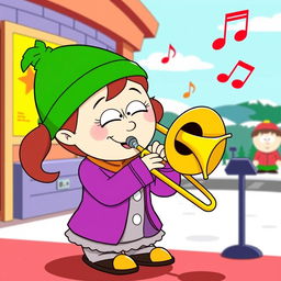 An imaginative and playful cartoon scene featuring Wendy Testaburger from the animated series 'South Park', joyfully playing a trombone
