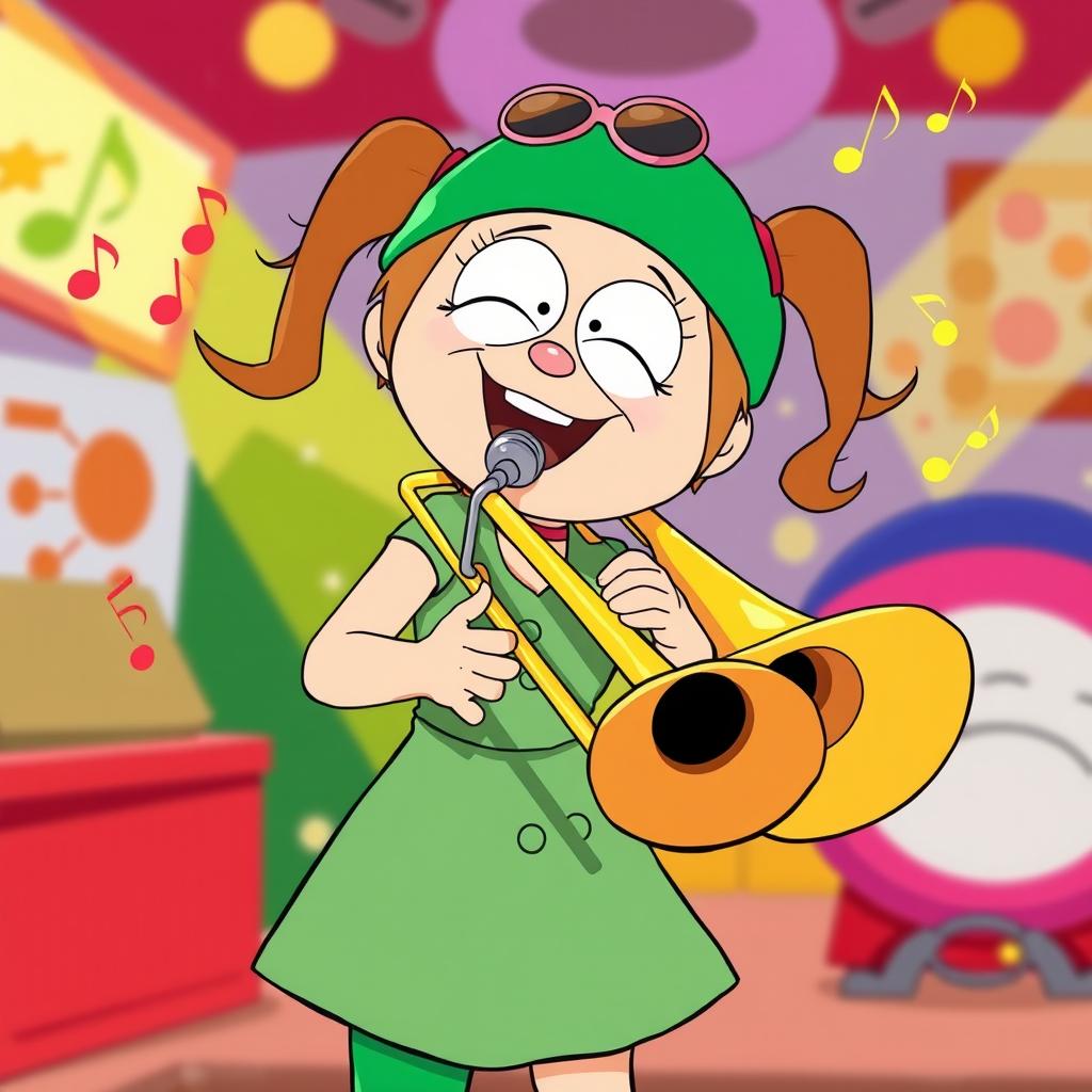 An imaginative and playful cartoon scene featuring Wendy Testaburger from the animated series 'South Park', joyfully playing a trombone