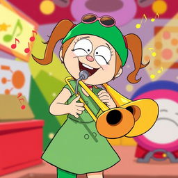 An imaginative and playful cartoon scene featuring Wendy Testaburger from the animated series 'South Park', joyfully playing a trombone