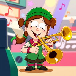 An imaginative and playful cartoon scene featuring Wendy Testaburger from the animated series 'South Park', joyfully playing a trombone