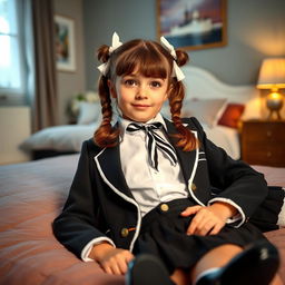 A portrait of a European girl in a well-decorated bedroom