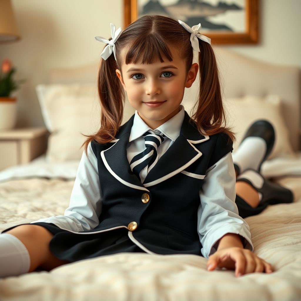 A portrait of a European girl in a well-decorated bedroom