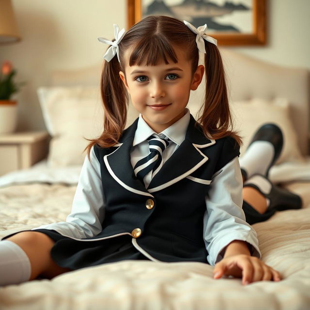 A portrait of a European girl in a well-decorated bedroom