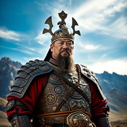 A majestic portrait of Genghis Khan wearing his intricate armor, standing proudly against a backdrop of rugged Mongolian mountains