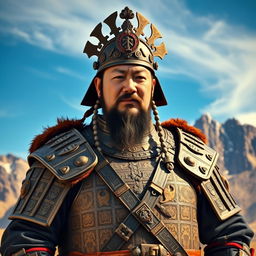 A majestic portrait of Genghis Khan wearing his intricate armor, standing proudly against a backdrop of rugged Mongolian mountains