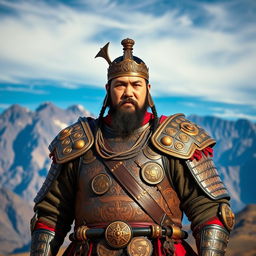 A majestic portrait of Genghis Khan wearing his intricate armor, standing proudly against a backdrop of rugged Mongolian mountains