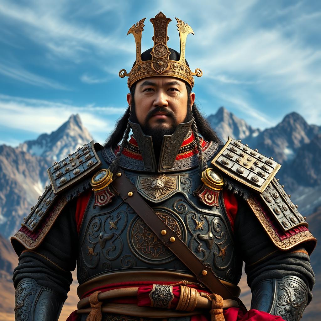 A majestic portrait of Genghis Khan wearing his intricate armor, standing proudly against a backdrop of rugged Mongolian mountains