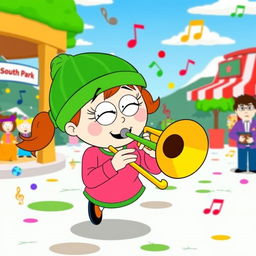 A playful and vibrant cartoon scene featuring Wendy Testaburger from 'South Park,' energetically playing a trombone