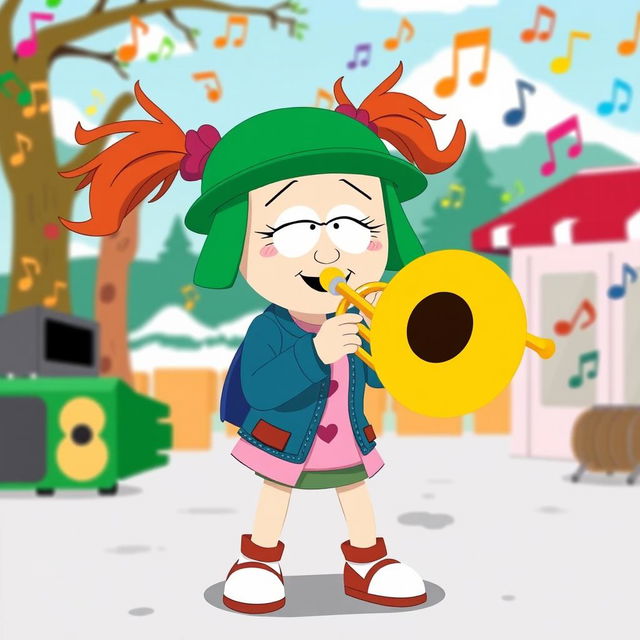 A playful and vibrant cartoon scene featuring Wendy Testaburger from 'South Park,' energetically playing a trombone