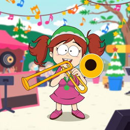 A playful and vibrant cartoon scene featuring Wendy Testaburger from 'South Park,' energetically playing a trombone