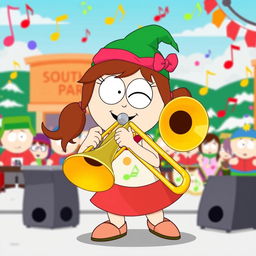 A playful and vibrant cartoon scene featuring Wendy Testaburger from 'South Park,' energetically playing a trombone