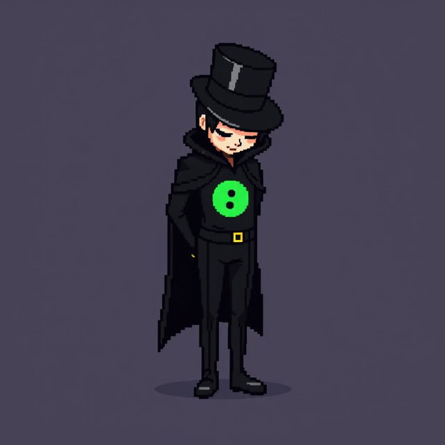 A pixel art character in a sleek black outfit featuring a cloak and a top hat, standing with their hands behind their back while looking down