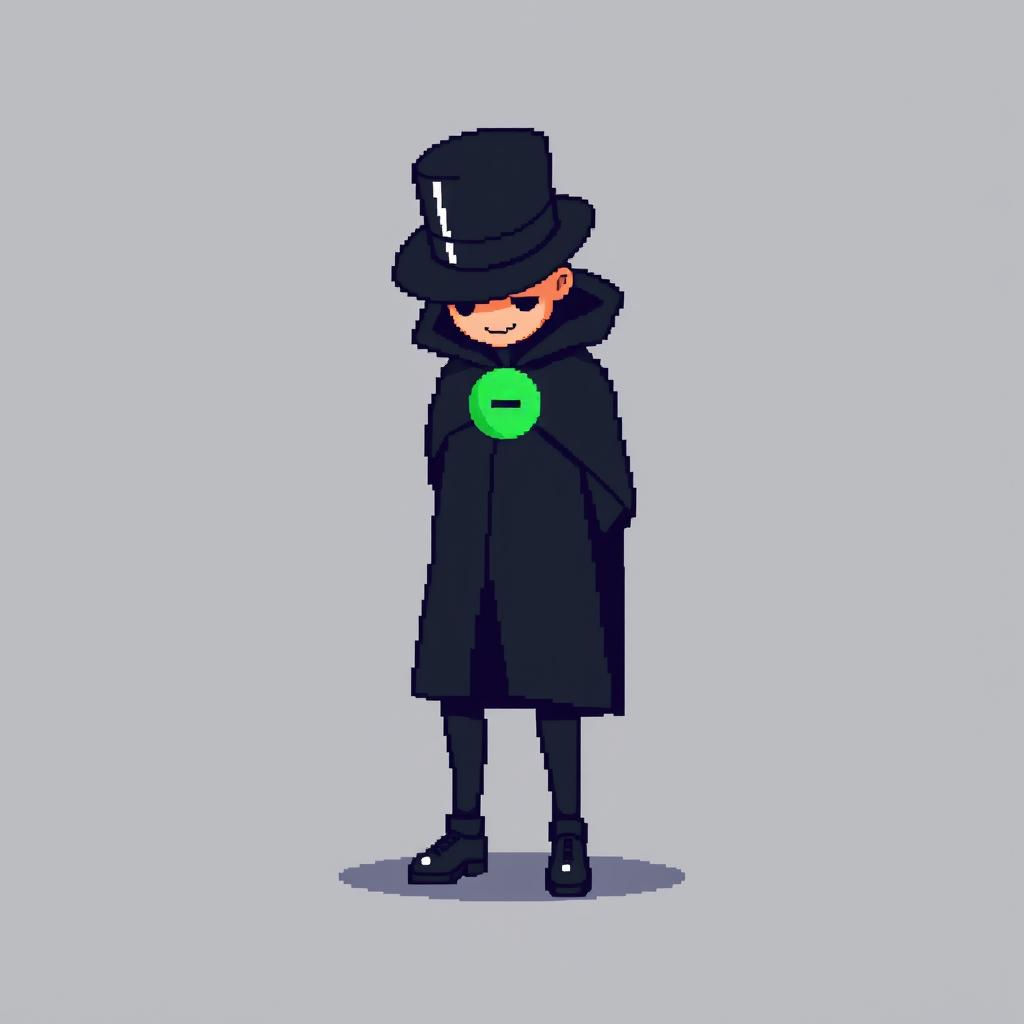 A pixel art character in a sleek black outfit featuring a cloak and a top hat, standing with their hands behind their back while looking down