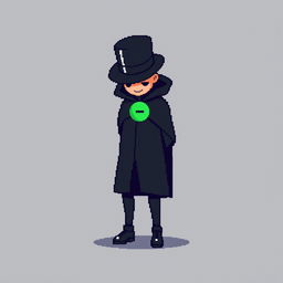 A pixel art character in a sleek black outfit featuring a cloak and a top hat, standing with their hands behind their back while looking down