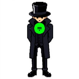 A pixel art character in a sleek black outfit featuring a cloak and a top hat, standing with their hands behind their back while looking down