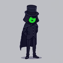 A pixel art character in a sleek black outfit featuring a cloak and a top hat, standing with their hands behind their back while looking down