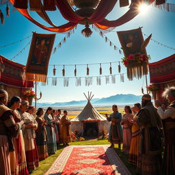 A breathtaking scene depicting the wedding ceremony of one of Genghis Khan's daughters to an allied king