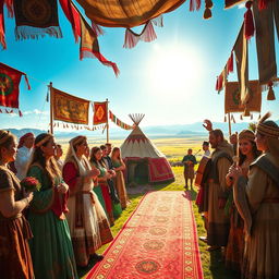 A breathtaking scene depicting the wedding ceremony of one of Genghis Khan's daughters to an allied king