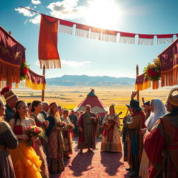 A breathtaking scene depicting the wedding ceremony of one of Genghis Khan's daughters to an allied king