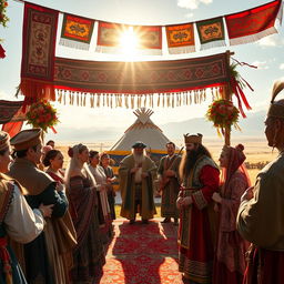 A breathtaking scene depicting the wedding ceremony of one of Genghis Khan's daughters to an allied king