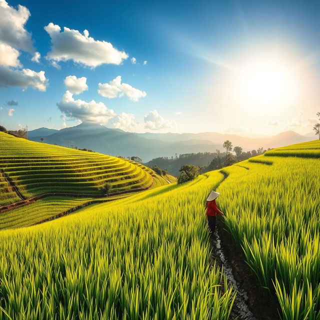 A serene rice paddy scene, featuring lush green terraces filled with vibrant rice plants swaying gently in the breeze