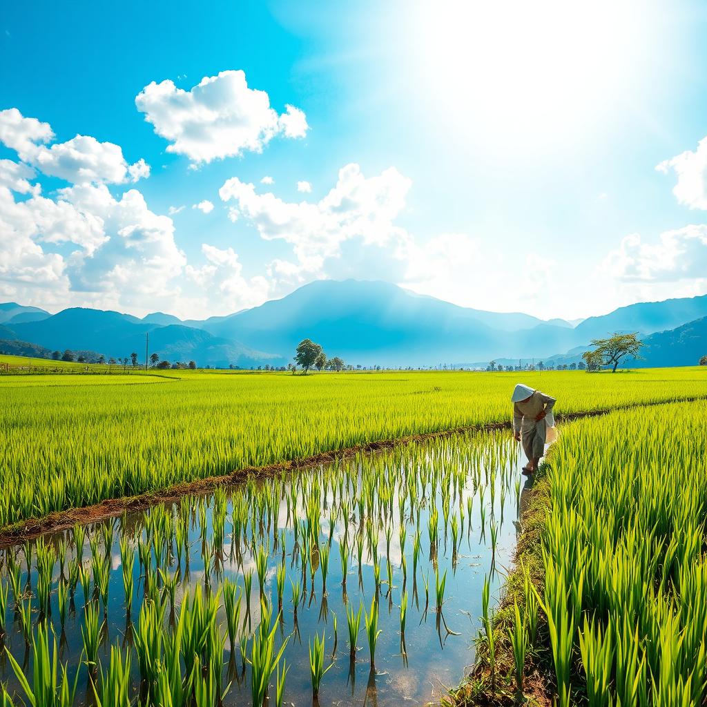 A serene rice paddy scene, featuring lush green terraces filled with vibrant rice plants swaying gently in the breeze