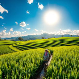 A serene rice paddy scene, featuring lush green terraces filled with vibrant rice plants swaying gently in the breeze