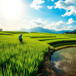 A serene rice paddy scene, featuring lush green terraces filled with vibrant rice plants swaying gently in the breeze