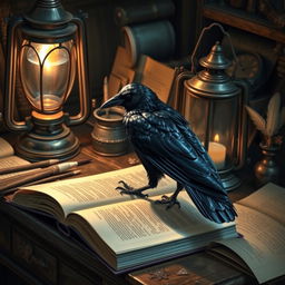A detailed scene featuring a crow standing on an open book, perched on a wooden desk