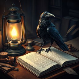 A detailed scene featuring a crow standing on an open book, perched on a wooden desk