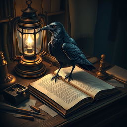 A detailed scene featuring a crow standing on an open book, perched on a wooden desk