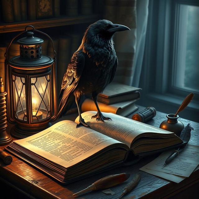 A detailed scene featuring a crow standing on an open book, perched on a wooden desk