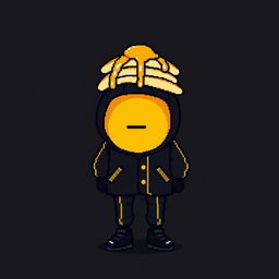 A pixel art character dressed in a stylish black outfit with yellow lines, featuring pancakes topped with syrup placed on their head