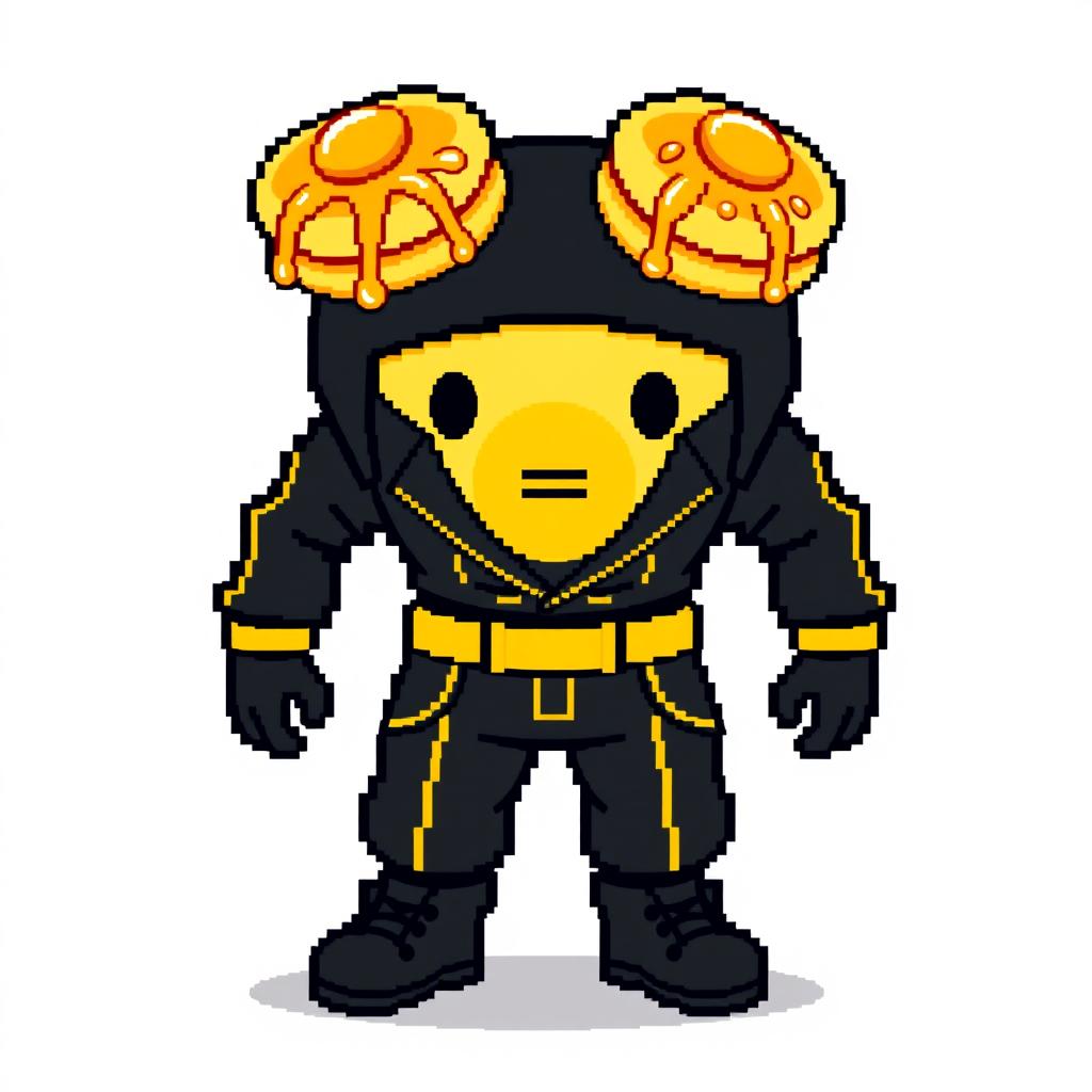 A pixel art character dressed in a stylish black outfit with yellow lines, featuring pancakes topped with syrup placed on their head