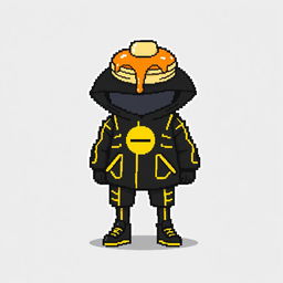 A pixel art character dressed in a stylish black outfit with yellow lines, featuring pancakes topped with syrup placed on their head