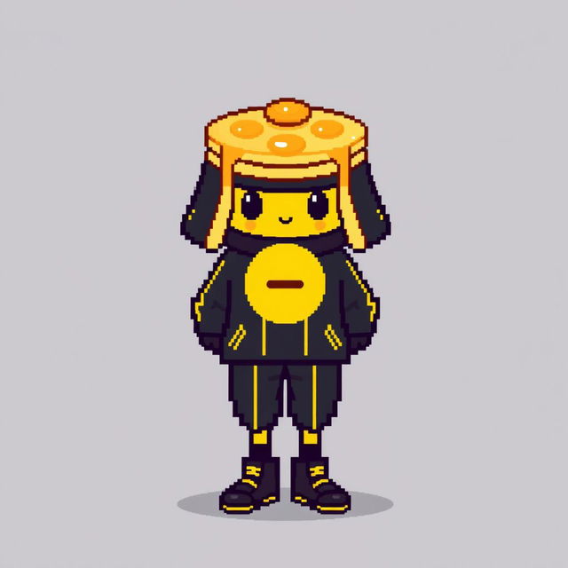 A pixel art character dressed in a stylish black outfit with yellow lines, featuring pancakes topped with syrup placed on their head