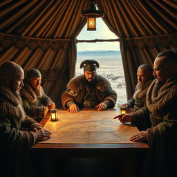 A dramatic scene of a war council featuring Genghis Khan in a traditional Mongolian yurt