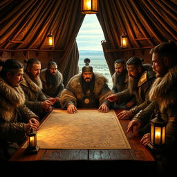 A dramatic scene of a war council featuring Genghis Khan in a traditional Mongolian yurt